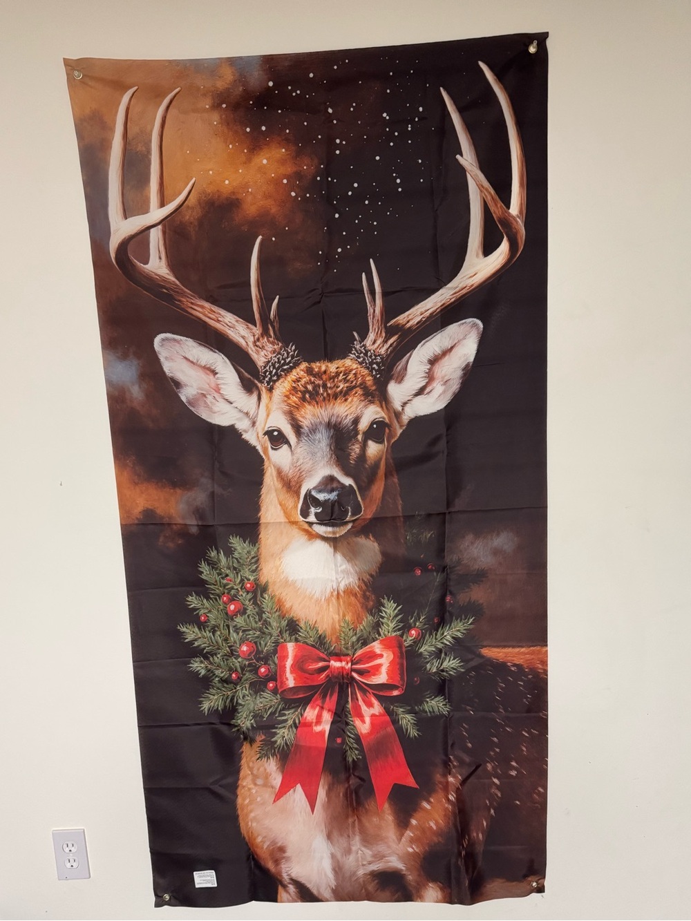Holiday Deer Wall Tapestry Banner with Red Bow.  70 x 35 inches.